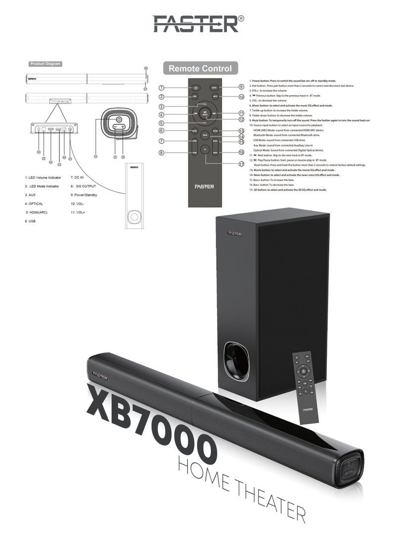 Faster - XB7000 2.1 CH Home Theater Soundbar - Wired Subwoofer 80W Powerful Output - Dedicated Sound Mode, Deep and Thrilling Bass, Digital Embedded - Supporting Bluetooth, Optical HDMI(ARC), AUX, USB & Remote - Image 1