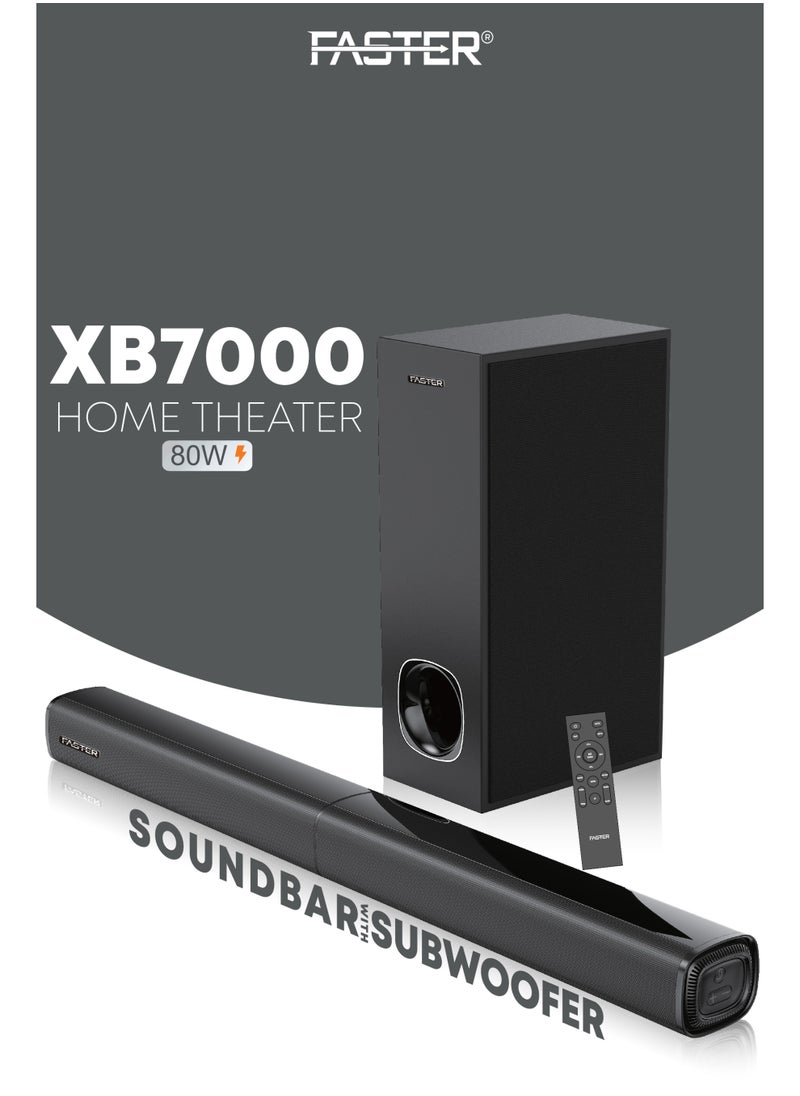 Faster - XB7000 2.1 CH Home Theater Soundbar - Wired Subwoofer 80W Powerful Output - Dedicated Sound Mode, Deep and Thrilling Bass, Digital Embedded - Supporting Bluetooth, Optical HDMI(ARC), AUX, USB & Remote - Image 1