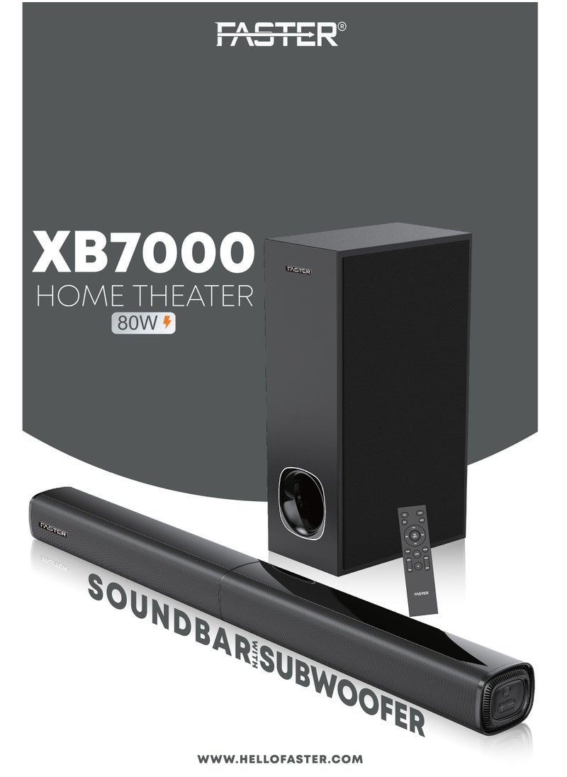 Faster - XB7000 2.1 CH Home Theater Soundbar - Wired Subwoofer 80W Powerful Output - Dedicated Sound Mode, Deep and Thrilling Bass, Digital Embedded - Supporting Bluetooth, Optical HDMI(ARC), AUX, USB & Remote - Image 1