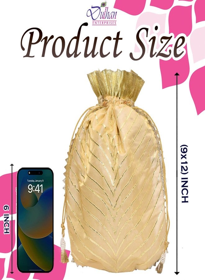 Dulhan Large Golden Silk Potli Bag for Women | Pack of 25 | Wedding Gift Pouch | Handcrafted Embroidered Potli for Return Gifts | Reusable Drawstring Batwa Bag | Ethnic Clutch Wristlet for Women & Girls - Image 2