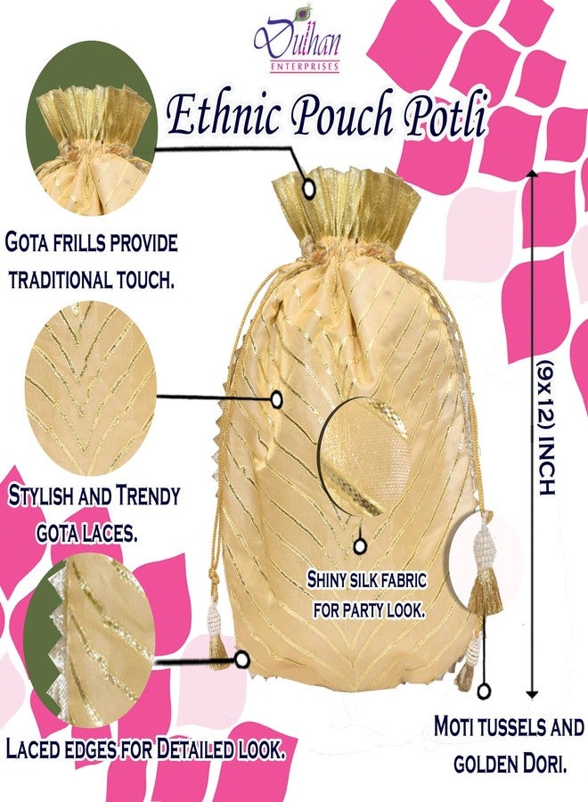 Dulhan Large Golden Silk Potli Bag for Women | Pack of 25 | Wedding Gift Pouch | Handcrafted Embroidered Potli for Return Gifts | Reusable Drawstring Batwa Bag | Ethnic Clutch Wristlet for Women & Girls - Image 3