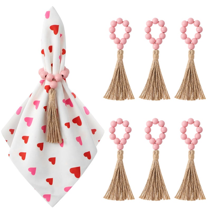 APTWOW Valentine Napkin Rings Set of 6, Pink Wooden Bead Napkin Rings for Table Decor, Valentine's Day Farmhouse Napkins Rings for Boho Table Decor, Spring Banquet, Wedding, Easter - Image 1