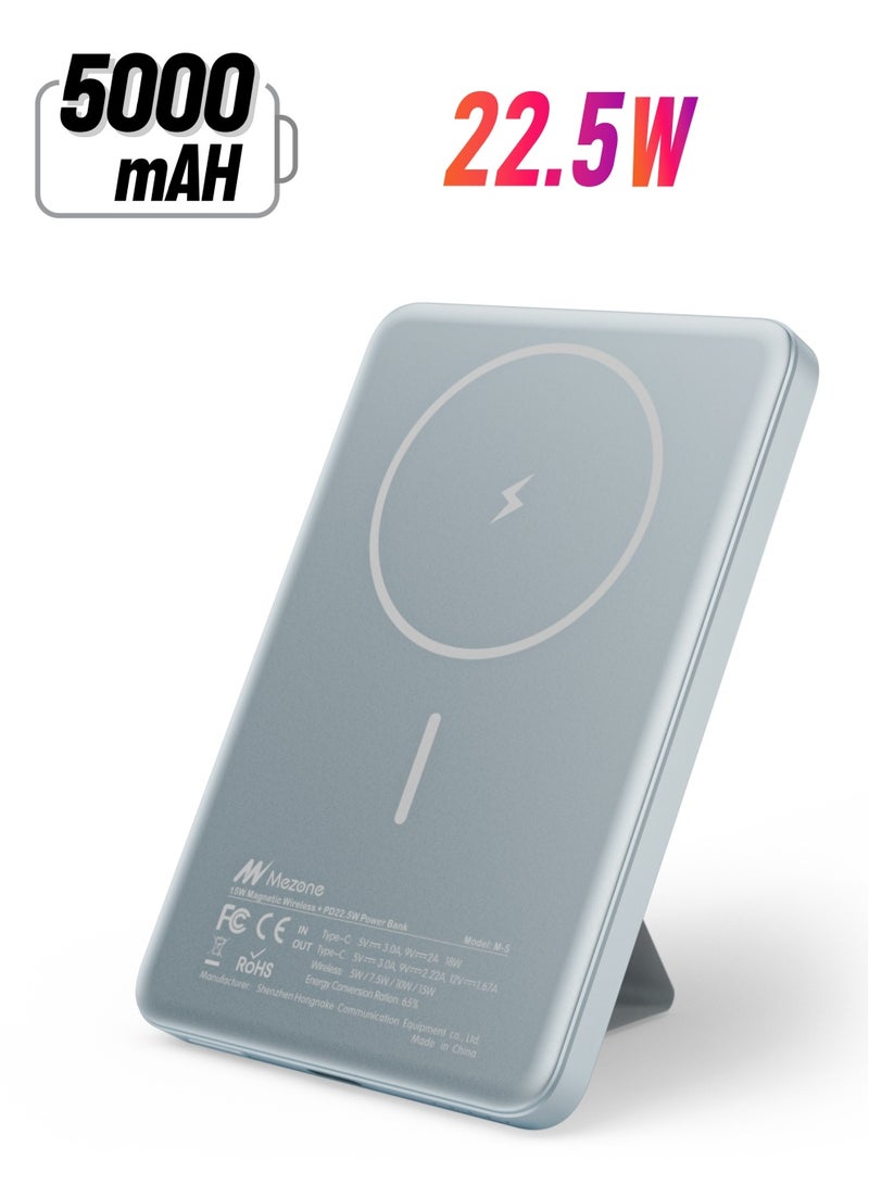 Mezone 5000mAh Magnetic Powerbank, Wireless Portable Charger Fast Charging, PD 22.5W Wired Charging, iPhone Magnetic Charger Battery Pack for iPhone 15/14/13/12 Series, Metallic Light Blue - Image 1
