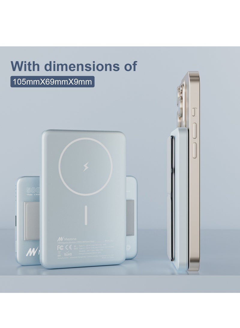 Mezone 5000mAh Magnetic Powerbank, Wireless Portable Charger Fast Charging, PD 22.5W Wired Charging, iPhone Magnetic Charger Battery Pack for iPhone 15/14/13/12 Series, Metallic Light Blue - Image 5