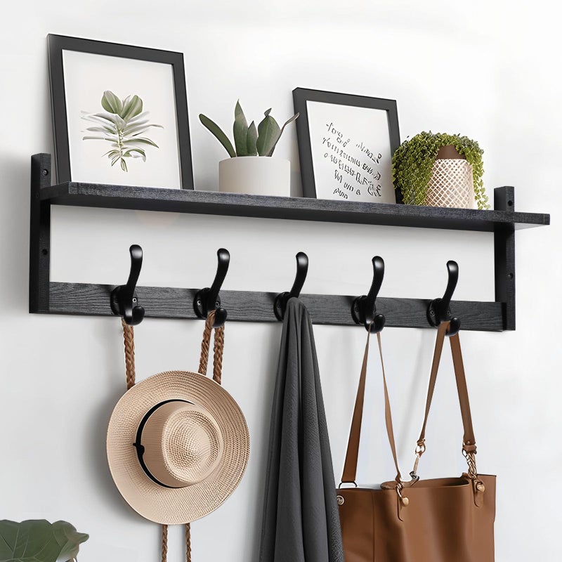 Tatub 29 Coat Rack Wall Mount with Shelf Wood Wall Hooks with Storage Entryway Shelf with 5 Coat Hangers for Bathroom Living Room Bedroom Black