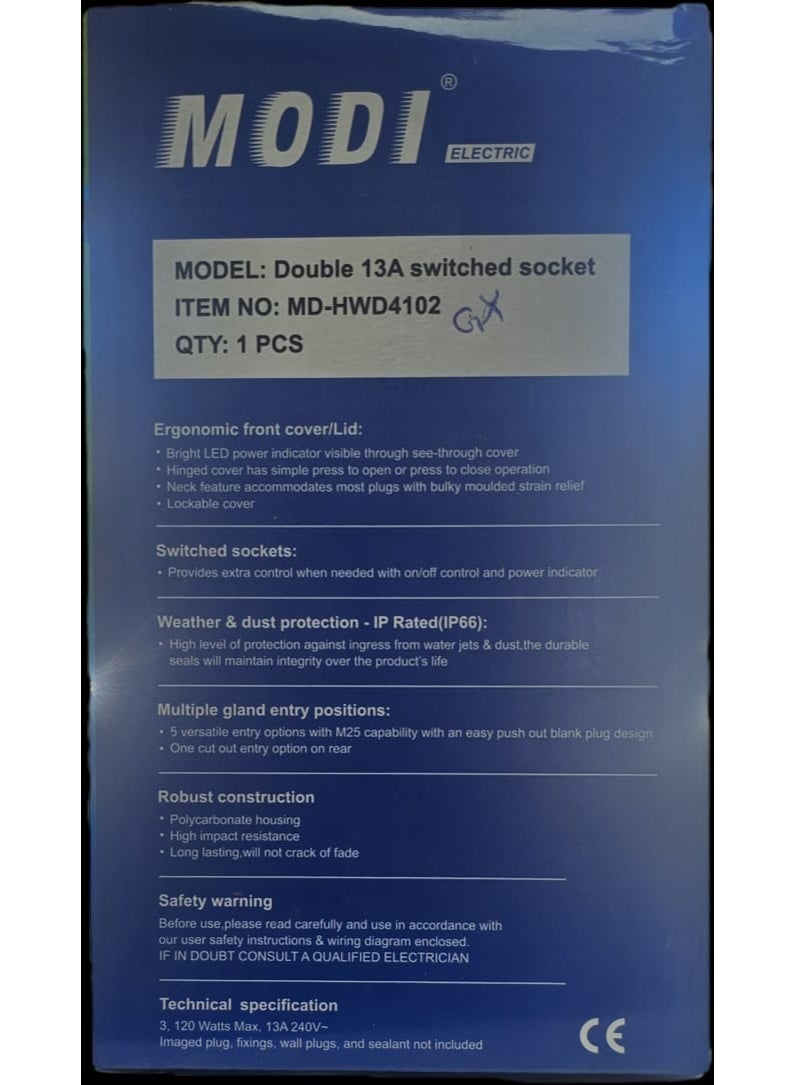 مقبس خارجي مقاوم للعوامل الجوية MODI Electric MD-HWD4102 13 أمبير مزدوج المفتاح IP66 - Image 2