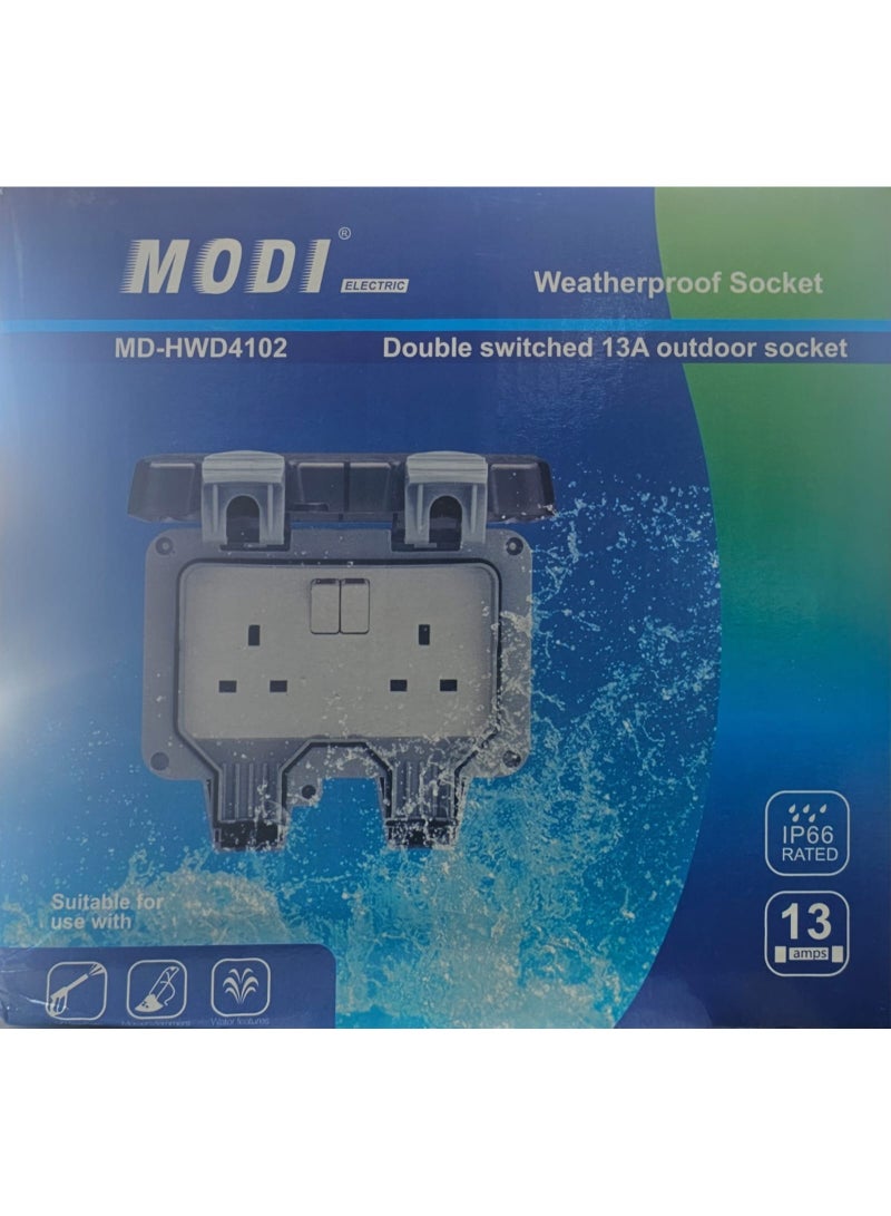 مقبس خارجي مقاوم للعوامل الجوية MODI Electric MD-HWD4102 13 أمبير مزدوج المفتاح IP66 - Image 1