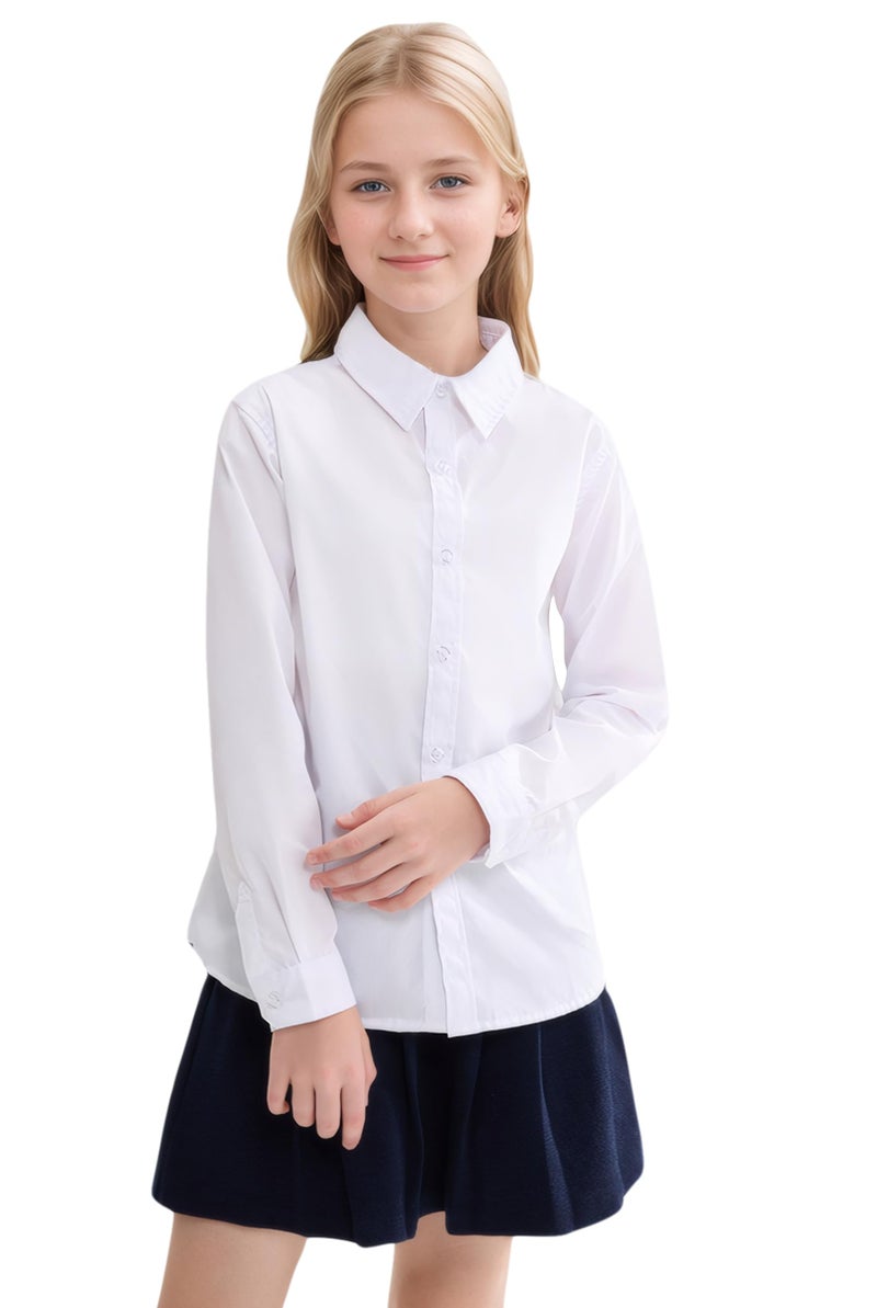 SOLOCOTE Girls White Dress Shirt Long Sleeve School Uniform Blouse Formal Button Down Top for Big Kids White 8 Years - Image 1