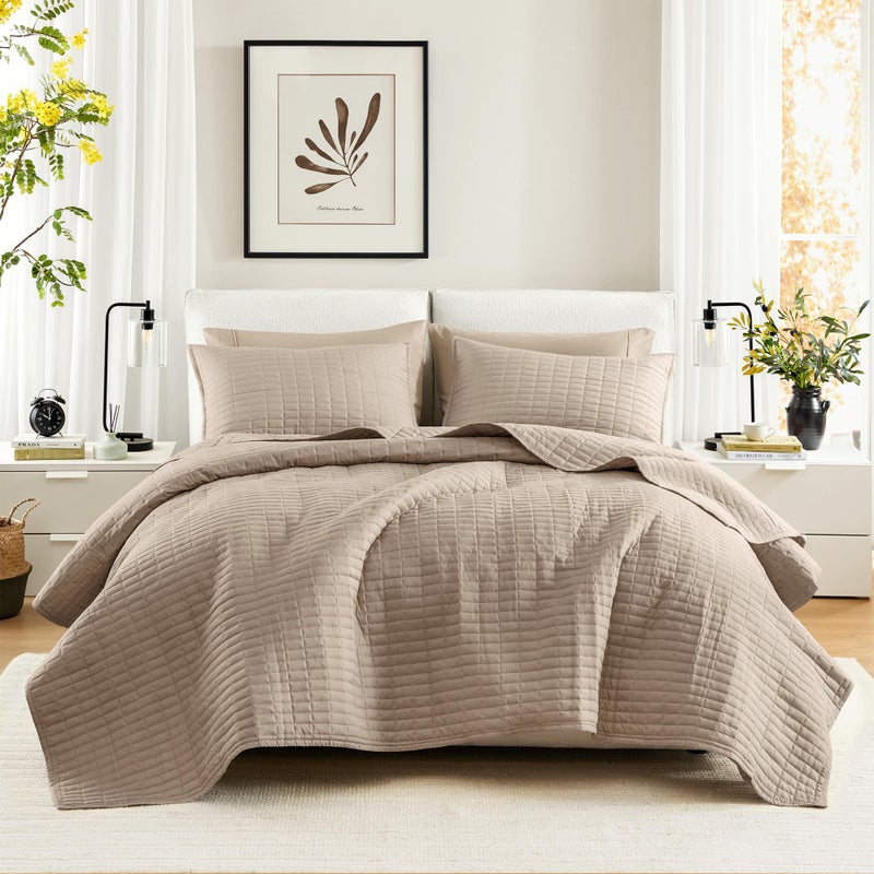 Comfort Spaces Kienna Quilt Set-Luxury Double Sided Stitching Design Summer Blanket, Lightweight, Soft, All Season Bedding Layer, Matching Sham, Taupe, Coverlet Full/Queen(90"x90") 3 Piece - Image 1