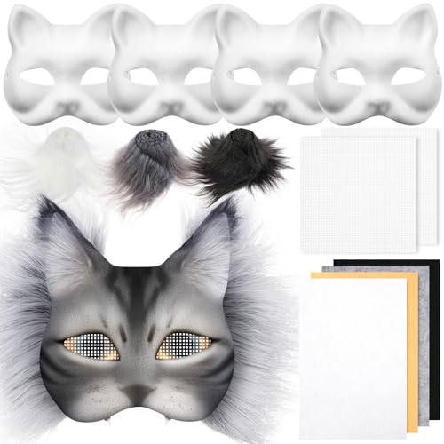 Seenelling 13 Pcs DIY Therian Mask Kit Blank Cat Mask with Felt Fabric Sheet Plush Faux Fur Eye Mesh for Therian Gear Stuff Grey - Image 1