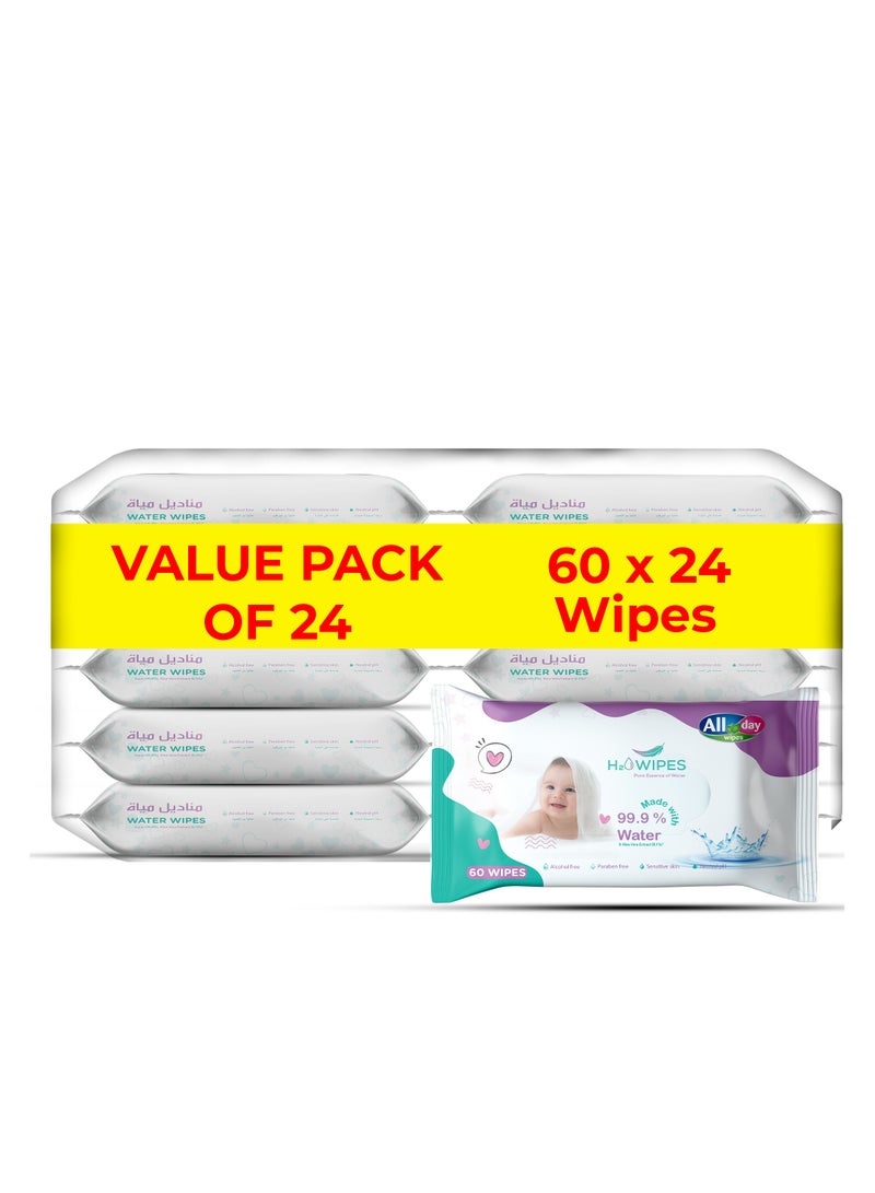 All day wipes All Day H2O Wet Wipes 99% Water & Aloe Vera Extract Pure Essence-60 Count : Made with 99.9% Pure Water and Enriched with Soothing Aloe Vera to Calm and Hydrate the Skin. ( Pack of 24 ) - Image 1