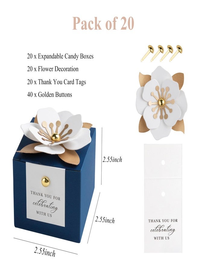FEIYI 20 PCS Dusty Blue Candy Boxes, 3 In 1 Candy Box with Floral Decor, White Thank You Tags Gift wrapping for Wedding Birthday Baby Shower Decorations Party -2.55x2.55x1.75’ (Navy Blue) - Image 2