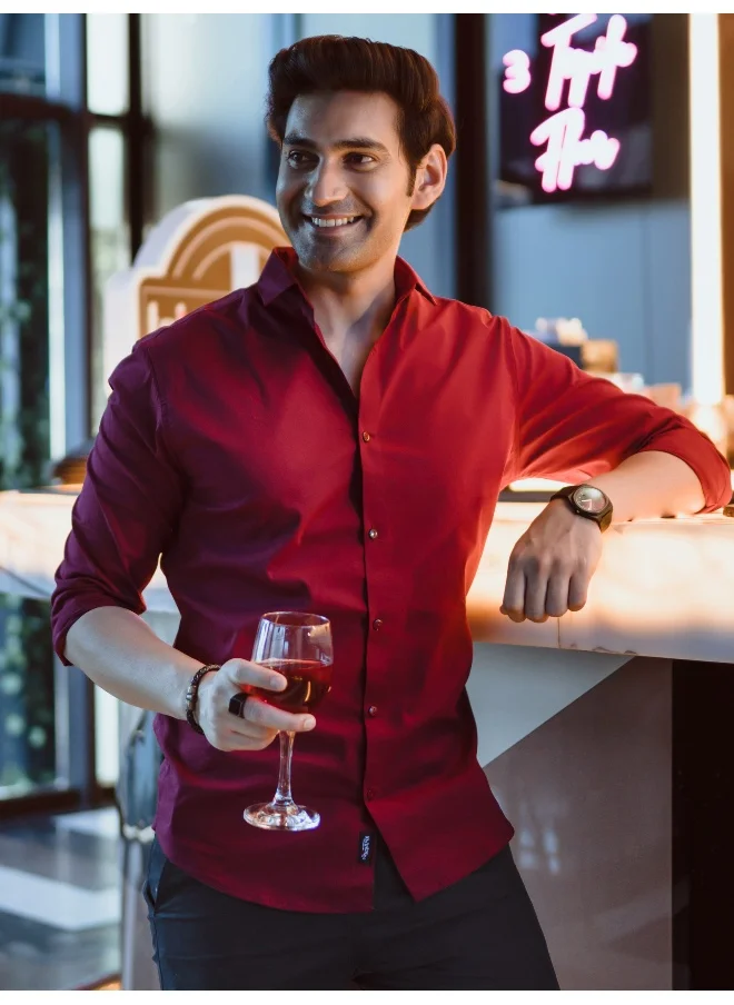 Beyoung BEYOUNG Burgundy Plain Cotton Shirts