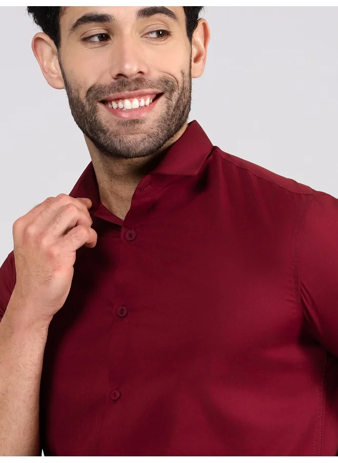 Beyoung BEYOUNG Burgundy Plain Cotton Shirts