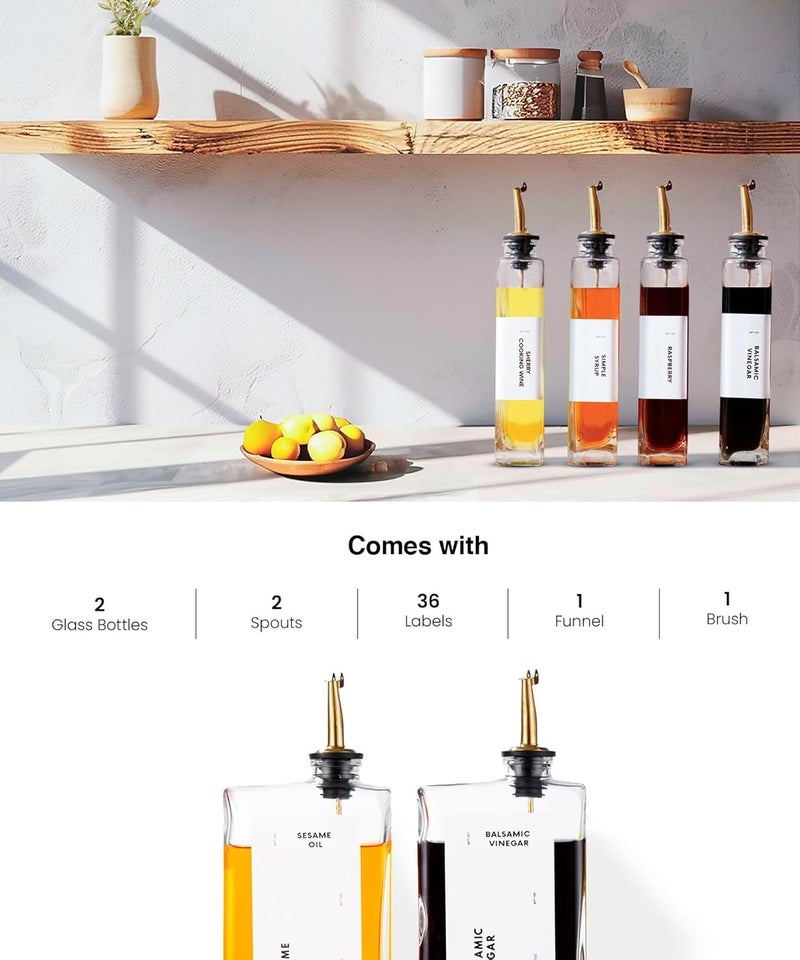APT 1101 Olive Oil Dispenser for Kitchen, Cooking Oil and Vinegar Dispenser Set, Olive Oil Bottle, Soy sauce dispenser, coffee syrup bottles with stainless steel pourers - 2 pcs, Gold - Image 5