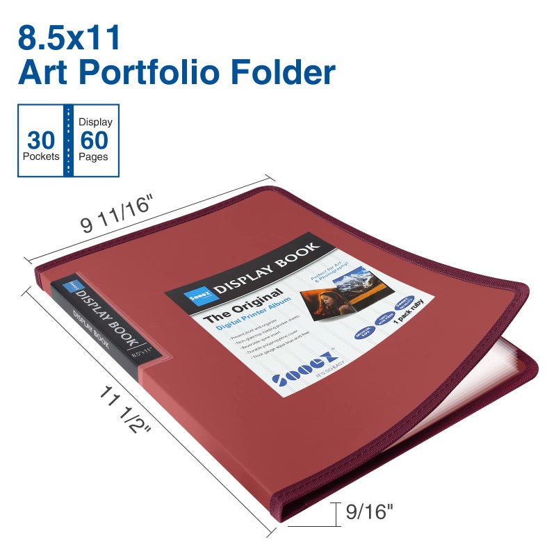 Sooez 30-Pocket Binder with Plastic Sleeves 8.5x11 (Red), Heavy Duty Art Portfolio Folder with Clear Sheet Protectors, Display 60 Pages, Presentation Book for Artwork, Document Organizer Binder - Image 2