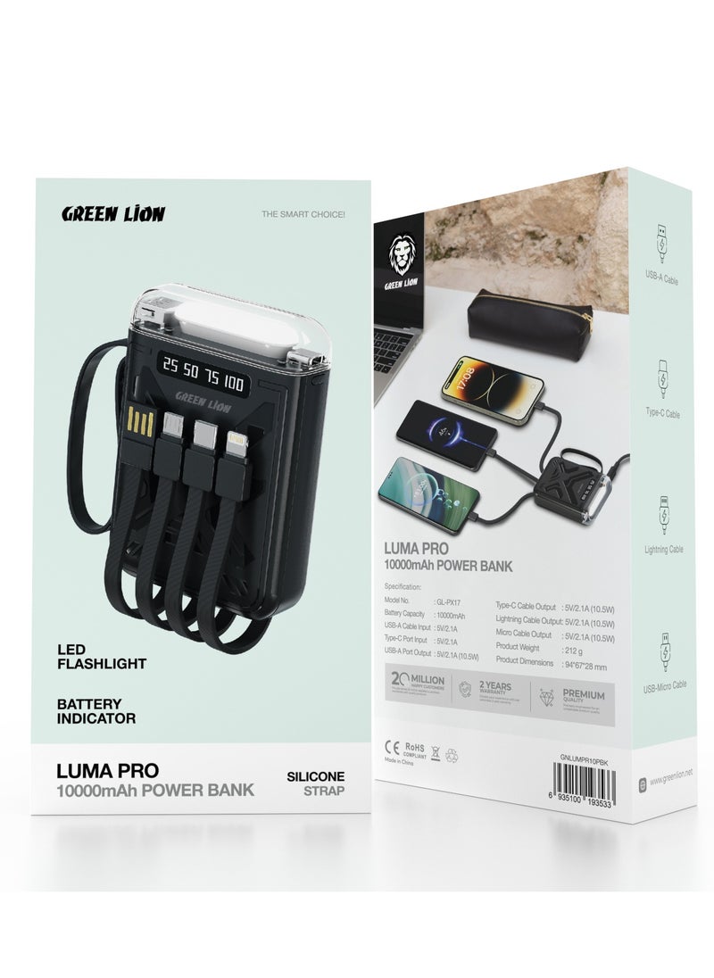 GREEN LION - 10000 mAh Luma Pro Power Bank 10000mAh with Flashlight and Battery Indicator / 4 Built-in Cables / Silicone Strap /Sleek/Portable/ Lightweight Powerbank - Black - Image 1