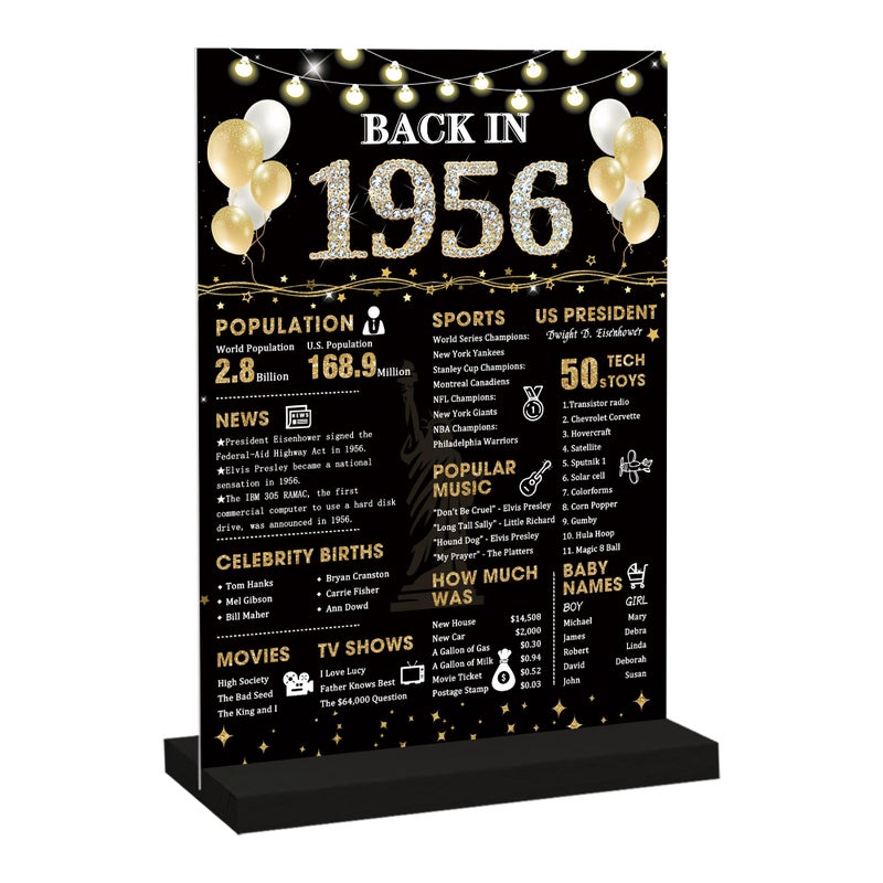Roetyce 70th Birthday Decorations Gift for Women Men, Black Gold Back in 1956 Poster Acrylic Sign Centerpiece with Stand, 70th Anniversary Table Decor, Funny 70 Years Old Birthday Party Supplies - Image 1