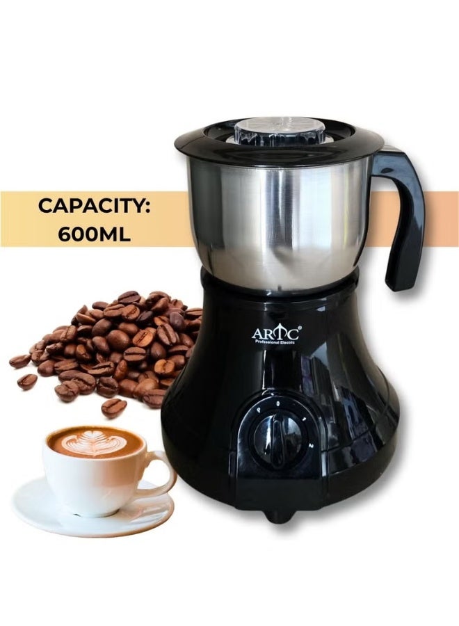 ARTC 600ML Electric Coffee Grinder and Blender with Stainless Steel Jar, Powerful Motor, Adjustable Grinding Control, Compact Kitchen Appliance for Coffee Beans, Spices, Nuts, and Everyday Food Preparation - Image 1