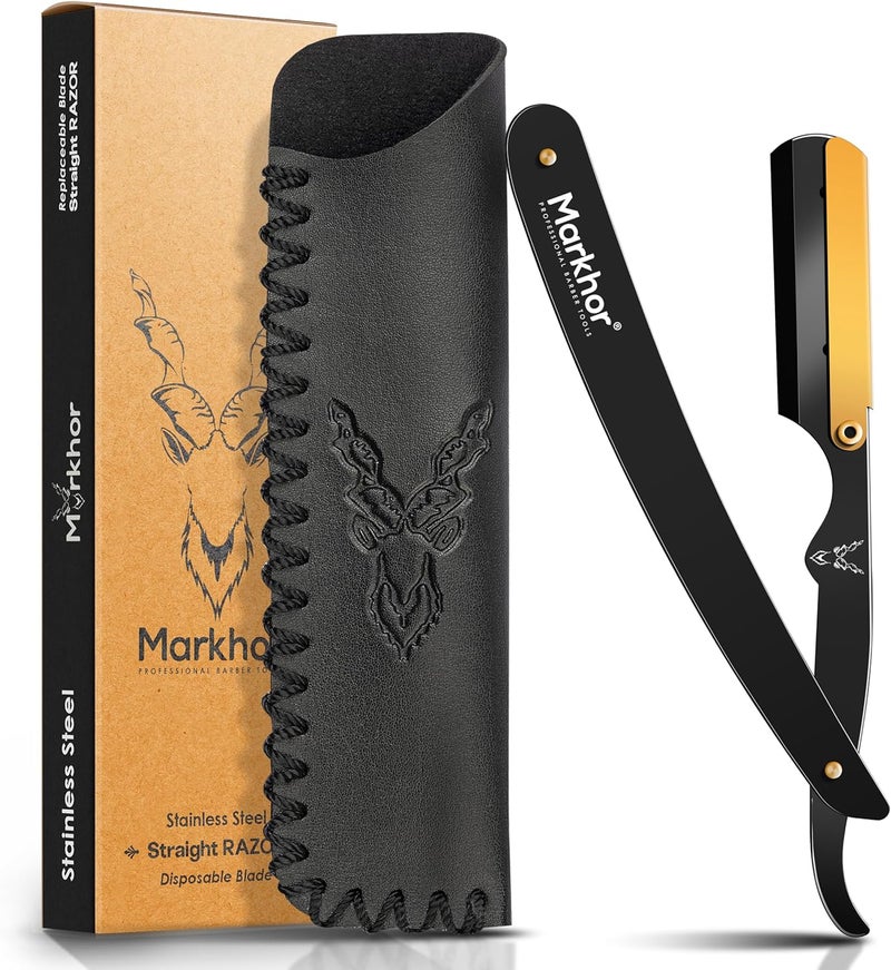 MARKHOR Cut Throat Razors for men Premium Quality Matte Black with 24K Gold Plated Straight Razors for Men Professional Barber Razor Straight Edge Razors - Image 1