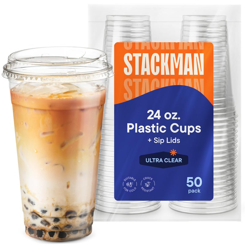24 oz Clear Plastic Cups with Strawless SipLids 50 Sets PET Crystal Clear Disposable 16oz Plastic Cups with Lids  Crystal Clear Durable Cup  BPA Free  Crack Resistant for Coffee Juice Shakes