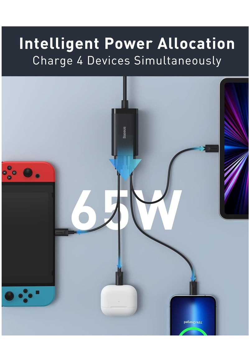 بيسوس شاحن USB C، كتلة شاحن حائط سريع 65 وات PD GaN3، 4 منافذ 2USB-C + 2USB-A محطة شحن مع كابل تيار متردد بطول 5 أقدام لأجهزة MacBook Pro/Air، والكمبيوتر المحمول USB-C، وiPhone 15/14/13، وiPad Pro، وGalaxy S24 S23، إلخ باللون الأسود - Image 2