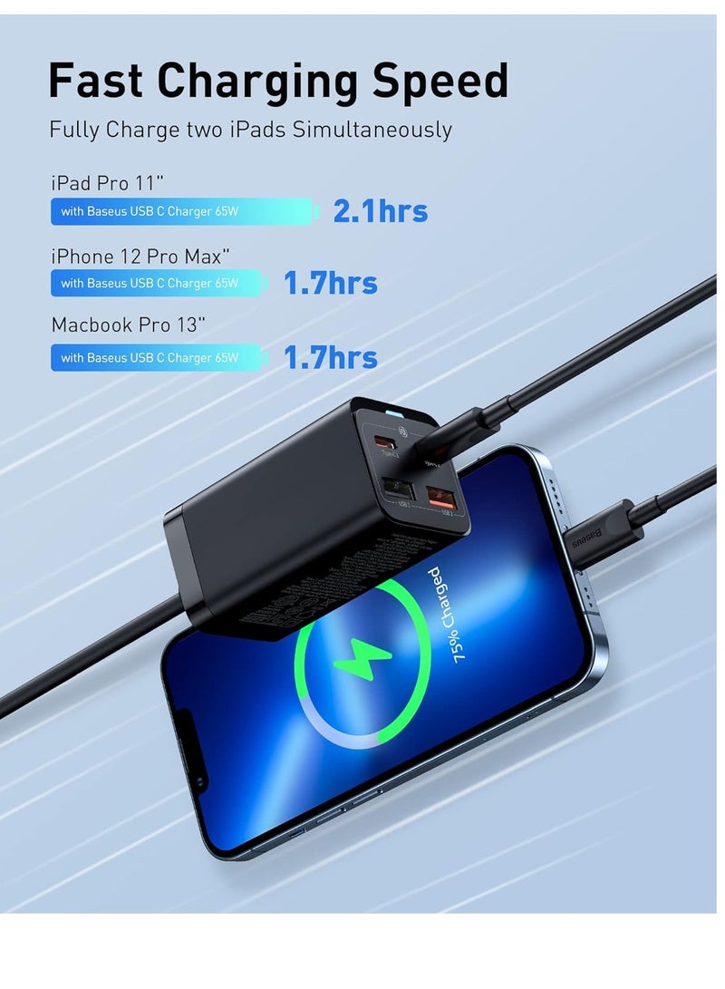 بيسوس شاحن USB C، كتلة شاحن حائط سريع 65 وات PD GaN3، 4 منافذ 2USB-C + 2USB-A محطة شحن مع كابل تيار متردد بطول 5 أقدام لأجهزة MacBook Pro/Air، والكمبيوتر المحمول USB-C، وiPhone 15/14/13، وiPad Pro، وGalaxy S24 S23، إلخ باللون الأسود - Image 4