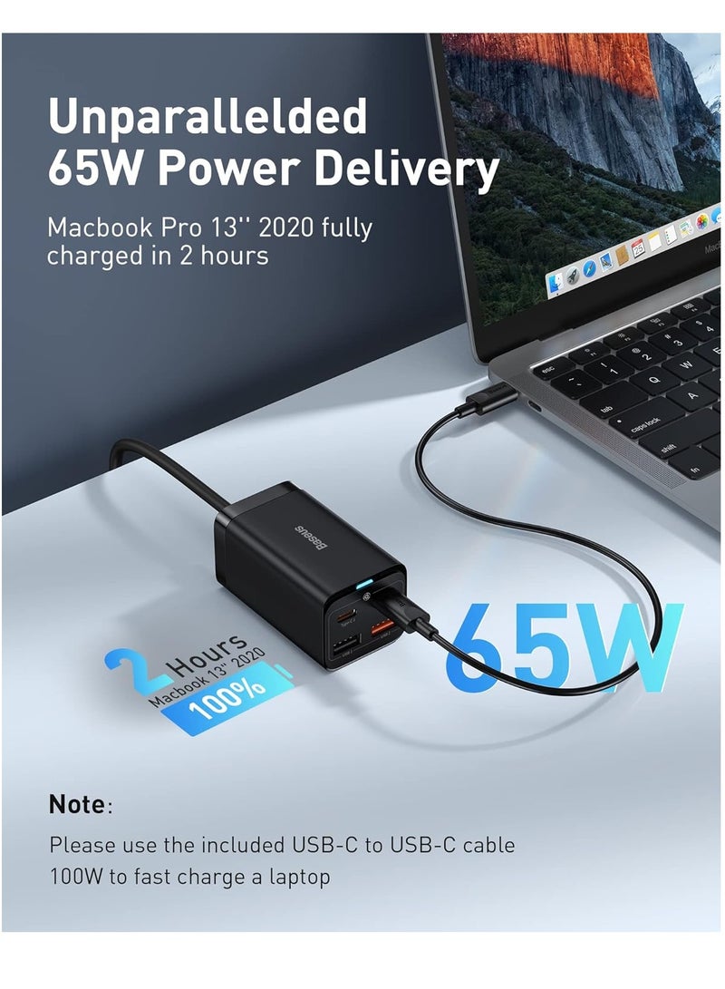 بيسوس شاحن USB C، كتلة شاحن حائط سريع 65 وات PD GaN3، 4 منافذ 2USB-C + 2USB-A محطة شحن مع كابل تيار متردد بطول 5 أقدام لأجهزة MacBook Pro/Air، والكمبيوتر المحمول USB-C، وiPhone 15/14/13، وiPad Pro، وGalaxy S24 S23، إلخ باللون الأسود - Image 3