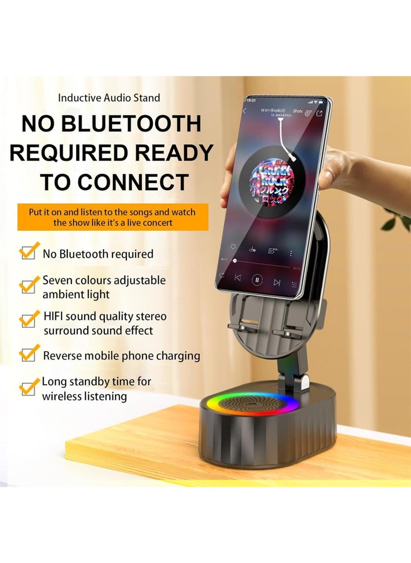 5-in-1 Wireless Induction Bluetooth Speaker with Phone Holder, 3000mAh Emergency Charger, Colorful Atmosphere Light, 300° Foldable Design for iPhone/Android/Tablets – Ideal for Home, Office, or Outdoor It is a very good gift for boys and girls