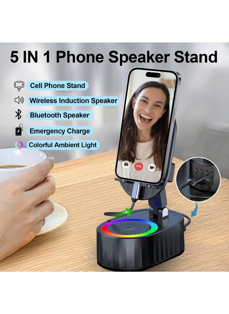 5-in-1 Wireless Induction Bluetooth Speaker with Phone Holder, 3000mAh Emergency Charger, Colorful Atmosphere Light, 300° Foldable Design for iPhone/Android/Tablets – Ideal for Home, Office, or Outdoor It is a very good gift for boys and girls