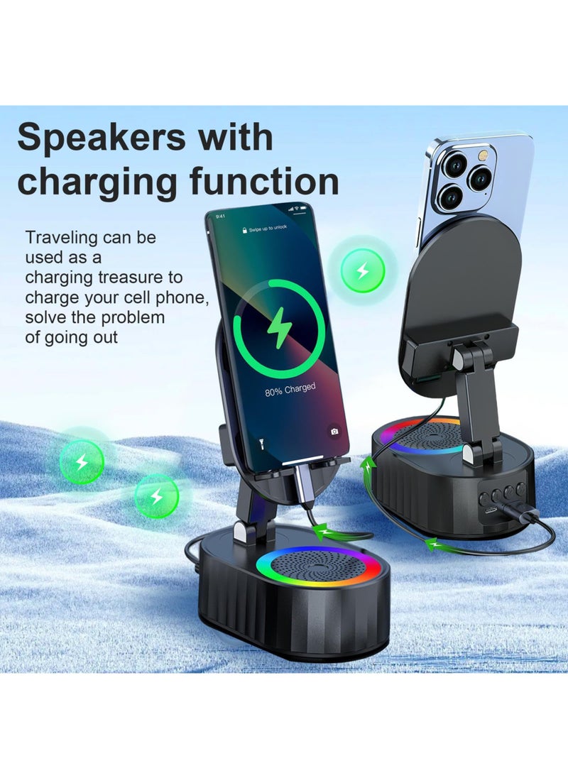 5-in-1 Wireless Induction Bluetooth Speaker with Phone Holder, 3000mAh Emergency Charger, Colorful Atmosphere Light, 300° Foldable Design for iPhone/Android/Tablets – Ideal for Home, Office, or Outdoor It is a very good gift for boys and girls