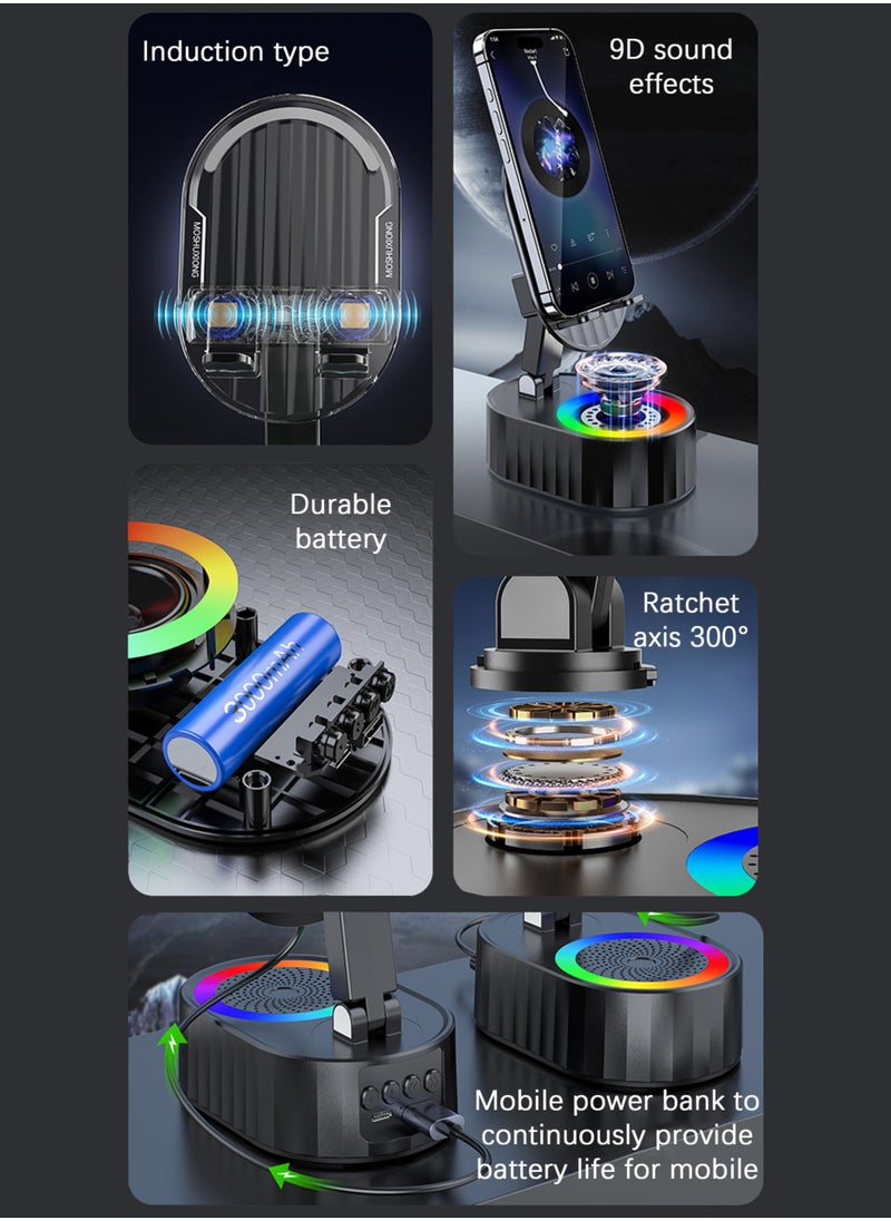 5-in-1 Wireless Induction Bluetooth Speaker with Phone Holder, 3000mAh Emergency Charger, Colorful Atmosphere Light, 300° Foldable Design for iPhone/Android/Tablets – Ideal for Home, Office, or Outdoor It is a very good gift for boys and girls