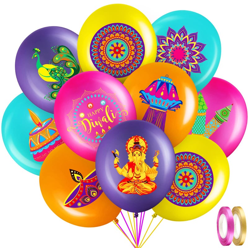 Zomiboo 45 Pieces Happy Diwali Rangoli Party Decorations Latex Balloons Festival Hanging for Home Ceiling Wall Indian Themed Deepavali Decoration Supplies 9 Styles Yellow rose Red - Image 2