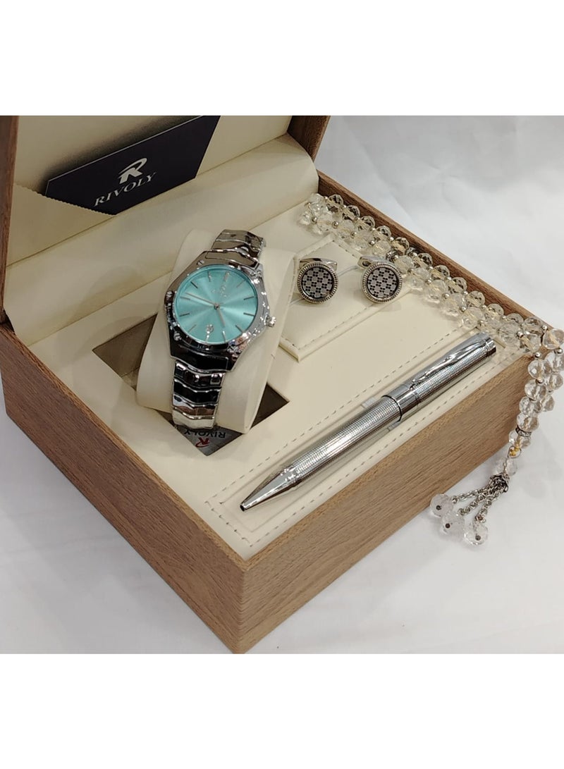 Men's stainless steel set consisting of a watch, rosary, pen, and cufflinks