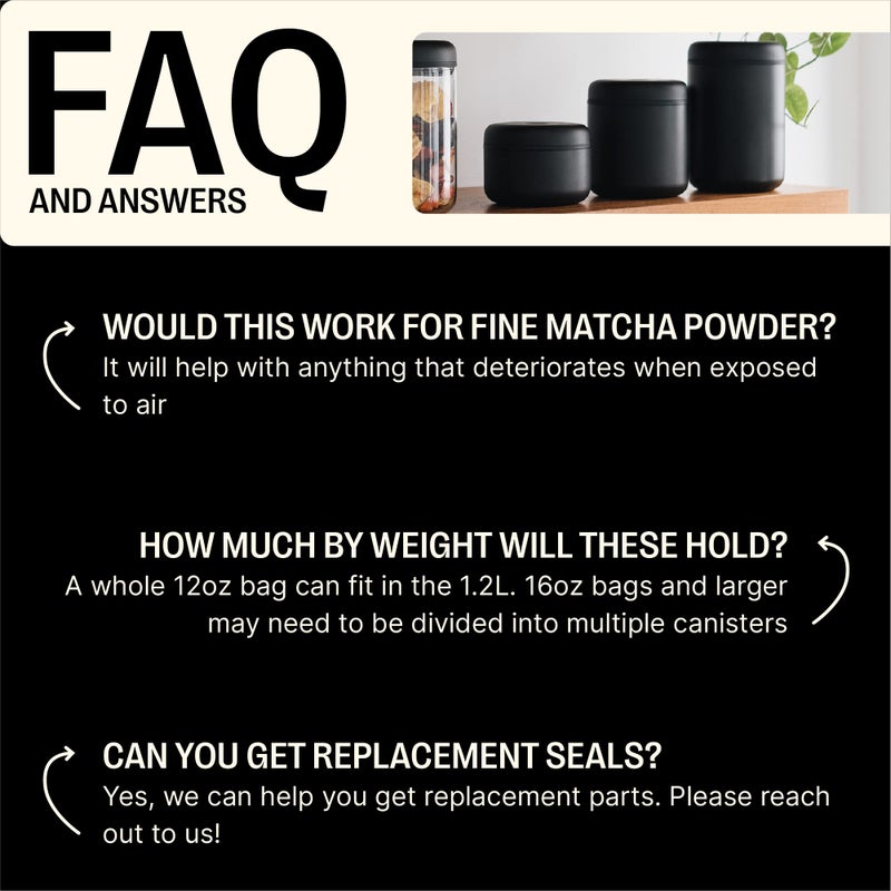 Fellow Atmos Vacuum Coffee Canister & Food Storage Container - 1.2 Liter Canister holds up to 16 oz of Coffee Beans - Airtight Food Storage Containers - Coffee Containers - 1.2 Liter - Matte Black - Image 4