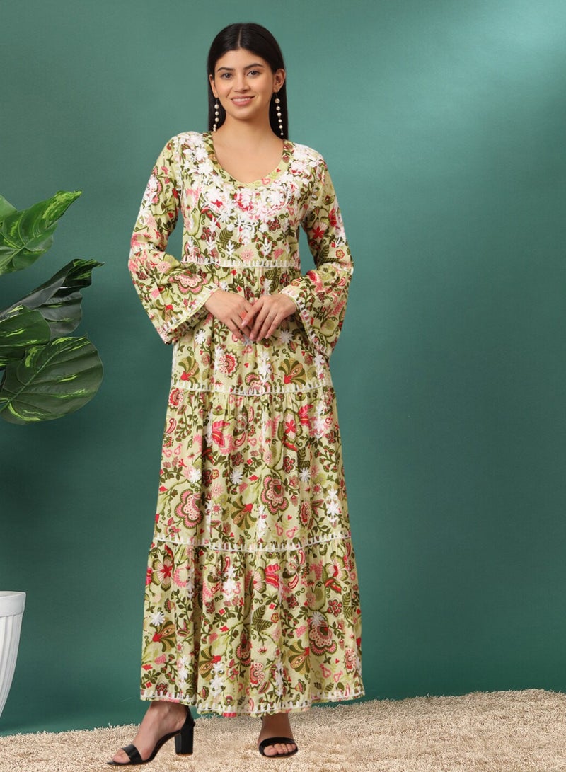 الايا جلابية قطن ممل مميزة بتطريز شيكانكاري يدوي بتصميم - وتفاصيل مجمعة - Image 1