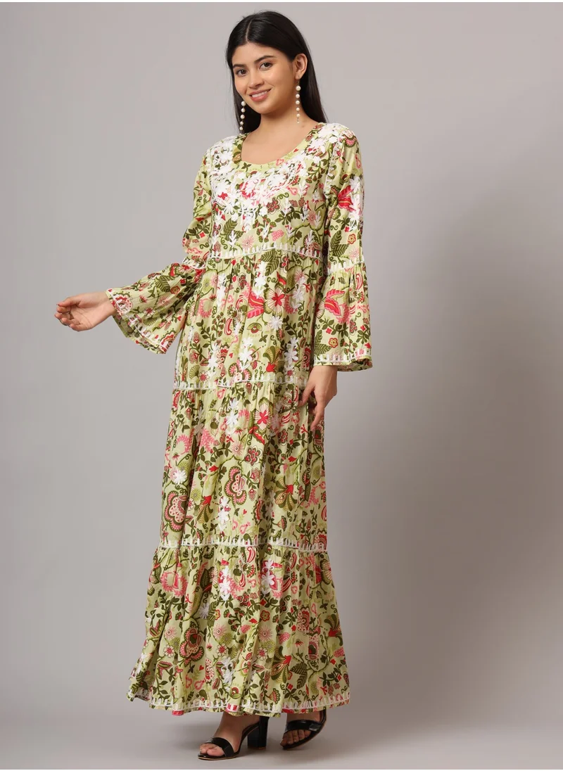 Alaya Hand Embroidered Chikankari A-Line Gathering Pattern Mulmul Cotton Jalabiya-AL3673