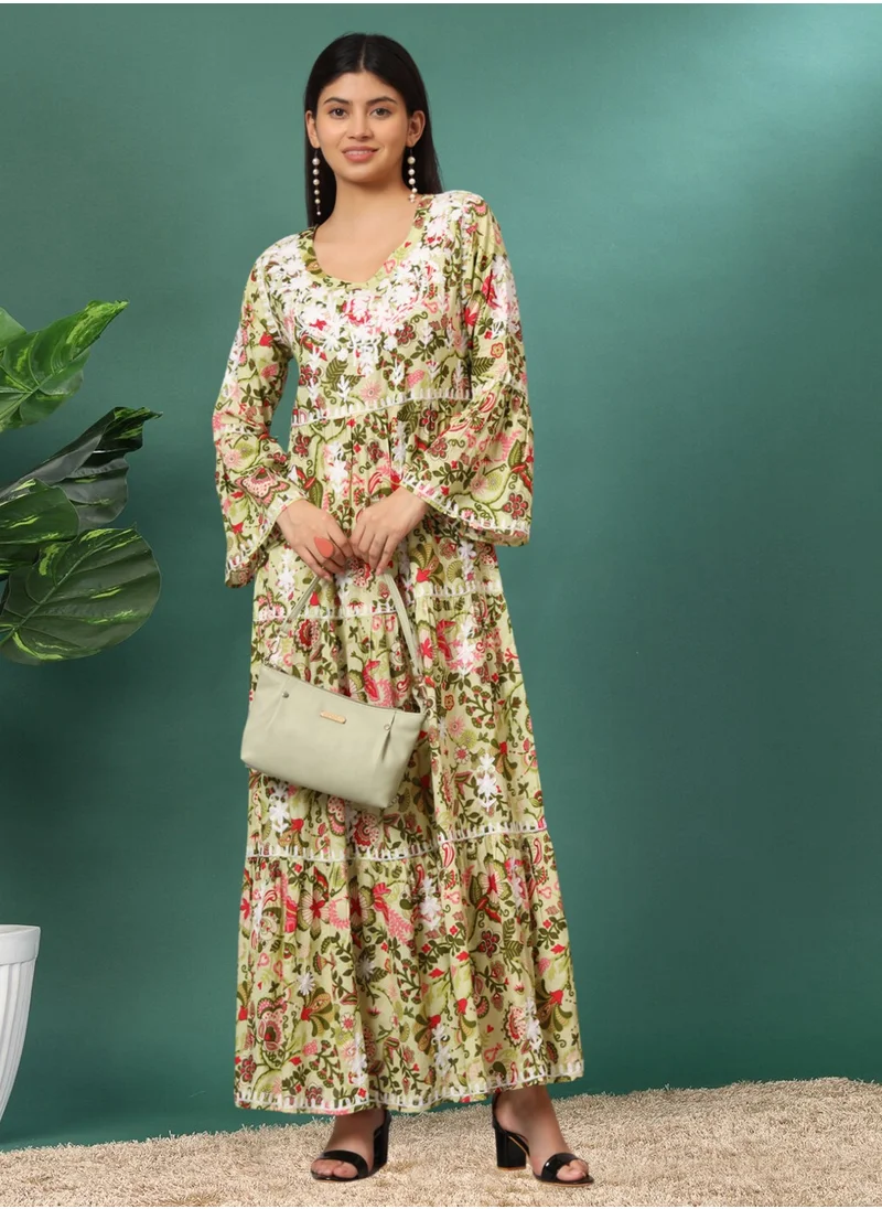 Alaya Hand Embroidered Chikankari A-Line Gathering Pattern Mulmul Cotton Jalabiya-AL3673
