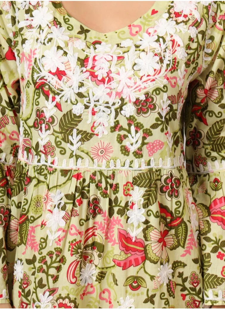 Alaya Hand Embroidered Chikankari A-Line Gathering Pattern Mulmul Cotton Jalabiya-AL3673