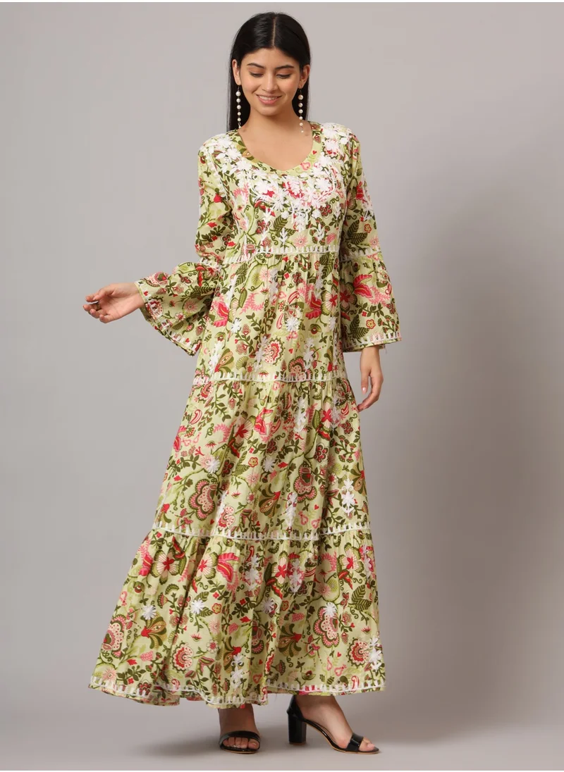 Alaya Hand Embroidered Chikankari A-Line Gathering Pattern Mulmul Cotton Jalabiya-AL3673