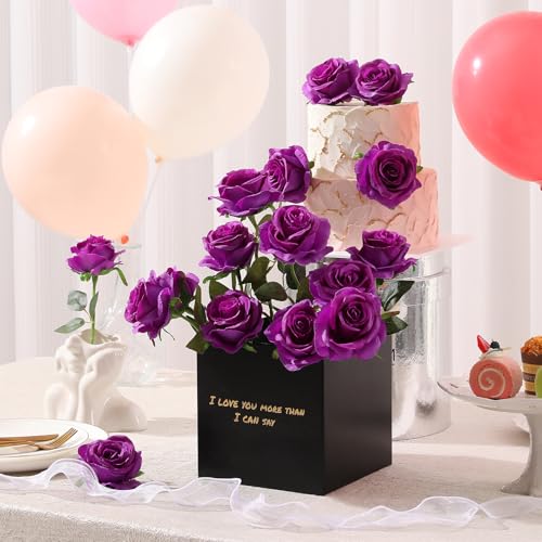 Tifuly Purple Roses Artificial Flowers - 12 pcs Realistic Single Long Stem Fake Silk Roses Bouquet for Party Home Wedding Centerpiece Office DIY Decor - Image 5