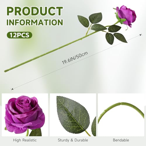 Tifuly Purple Roses Artificial Flowers - 12 pcs Realistic Single Long Stem Fake Silk Roses Bouquet for Party Home Wedding Centerpiece Office DIY Decor - Image 2