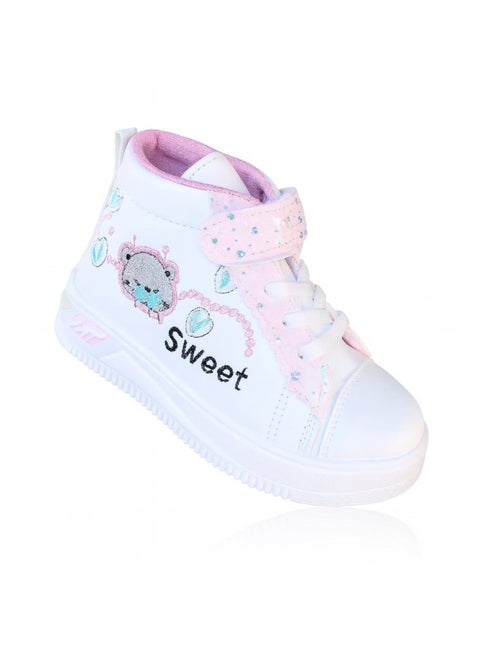Girls High-Top Sneakers, Embroidered Design, Lightweight & Flexible, Non-Slip Sole, Easy On with elastic Lace & latches