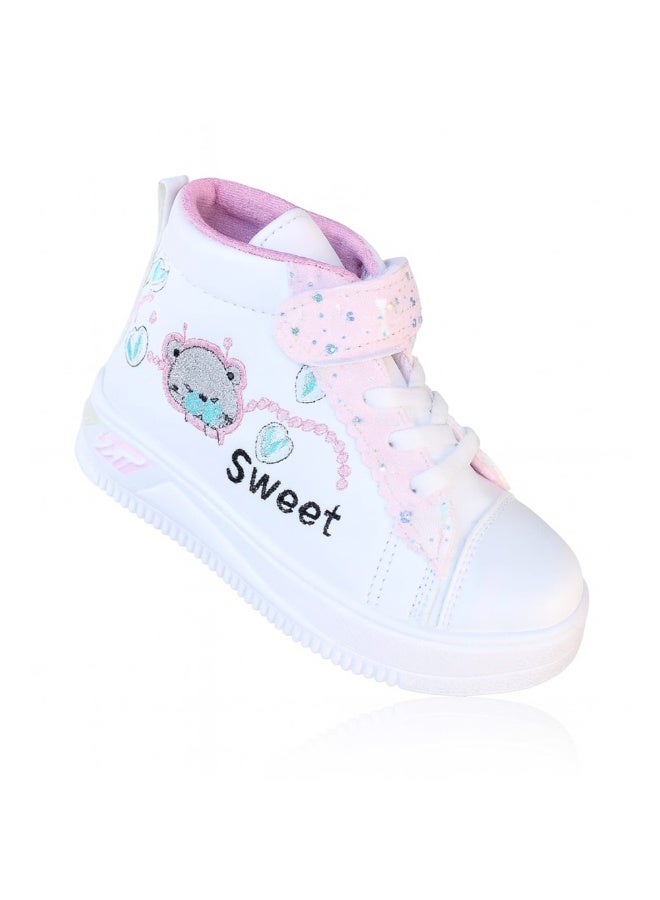 Girls High-Top Sneakers, Embroidered Design, Lightweight & Flexible, Non-Slip Sole, Easy On with elastic Lace & latches