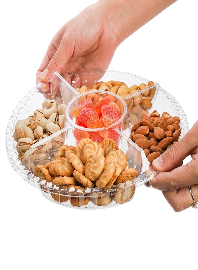 Lyellfe 30 Pack Plastic Appetizer Tray with Lid, Disposable Veggie Fruit Snack Tray with 5 Compartment, 9.5 Inch Heavy Duty Clear Round Food Container Platter for Salad, Nut, Olive, Party - Image 3