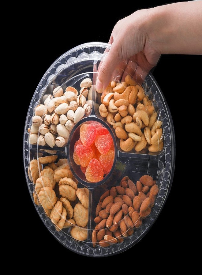 Lyellfe 30 Pack Plastic Appetizer Tray with Lid, Disposable Veggie Fruit Snack Tray with 5 Compartment, 9.5 Inch Heavy Duty Clear Round Food Container Platter for Salad, Nut, Olive, Party - Image 4