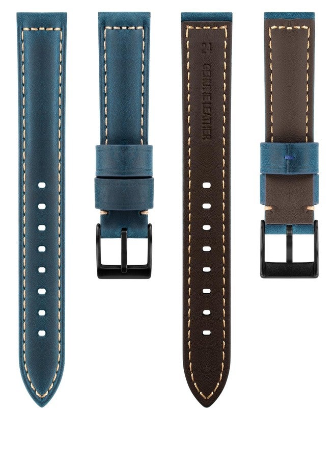 TStrap Leather Watch Straps for Men - Black Vintage Soft Watch Bracelet Thickly - Padded Smart Watch Band with Clasp Buckle Replacement - 20mm 22mm 24mm, Blue/Black Clasp, 22mm, Retro - Image 2