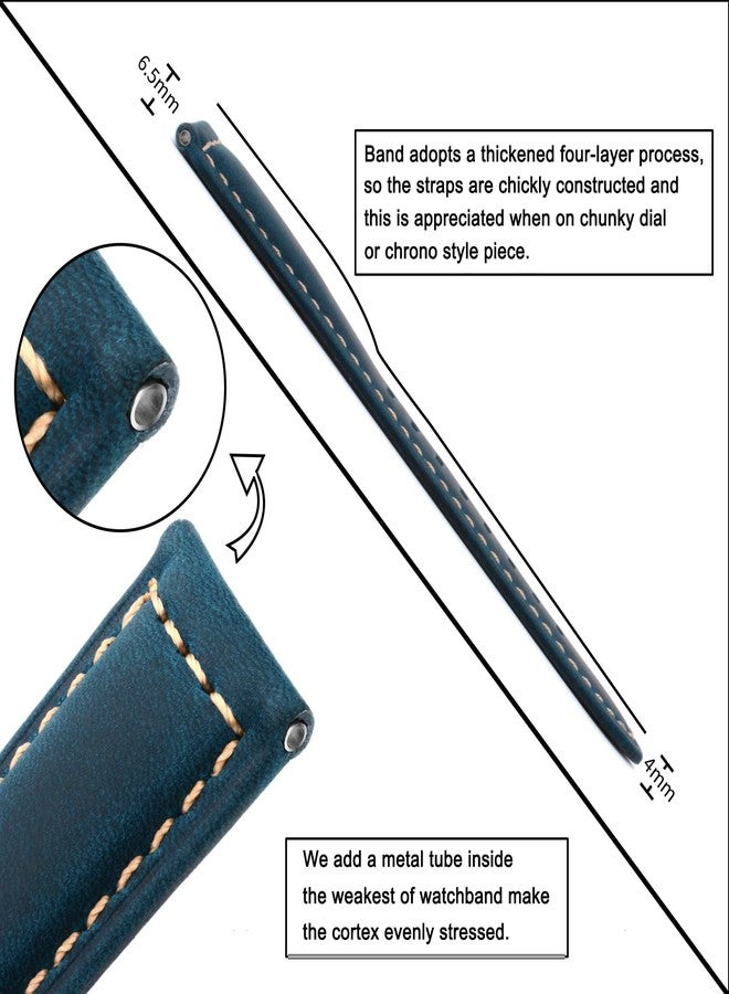 TStrap Leather Watch Straps for Men - Black Vintage Soft Watch Bracelet Thickly - Padded Smart Watch Band with Clasp Buckle Replacement - 20mm 22mm 24mm, Blue/Black Clasp, 22mm, Retro - Image 4