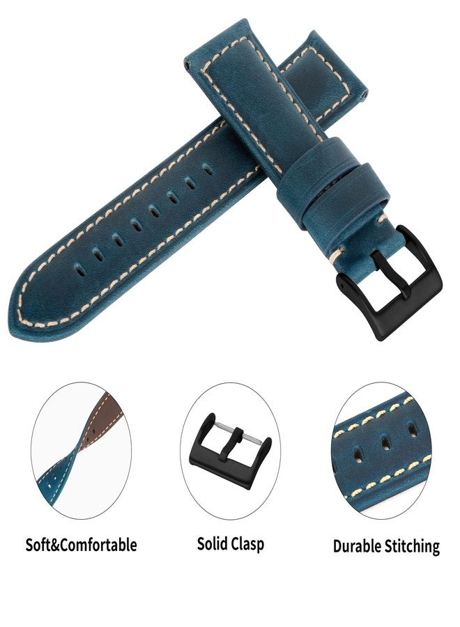 TStrap Leather Watch Straps for Men - Black Vintage Soft Watch Bracelet Thickly - Padded Smart Watch Band with Clasp Buckle Replacement - 20mm 22mm 24mm, Blue/Black Clasp, 22mm, Retro - Image 3