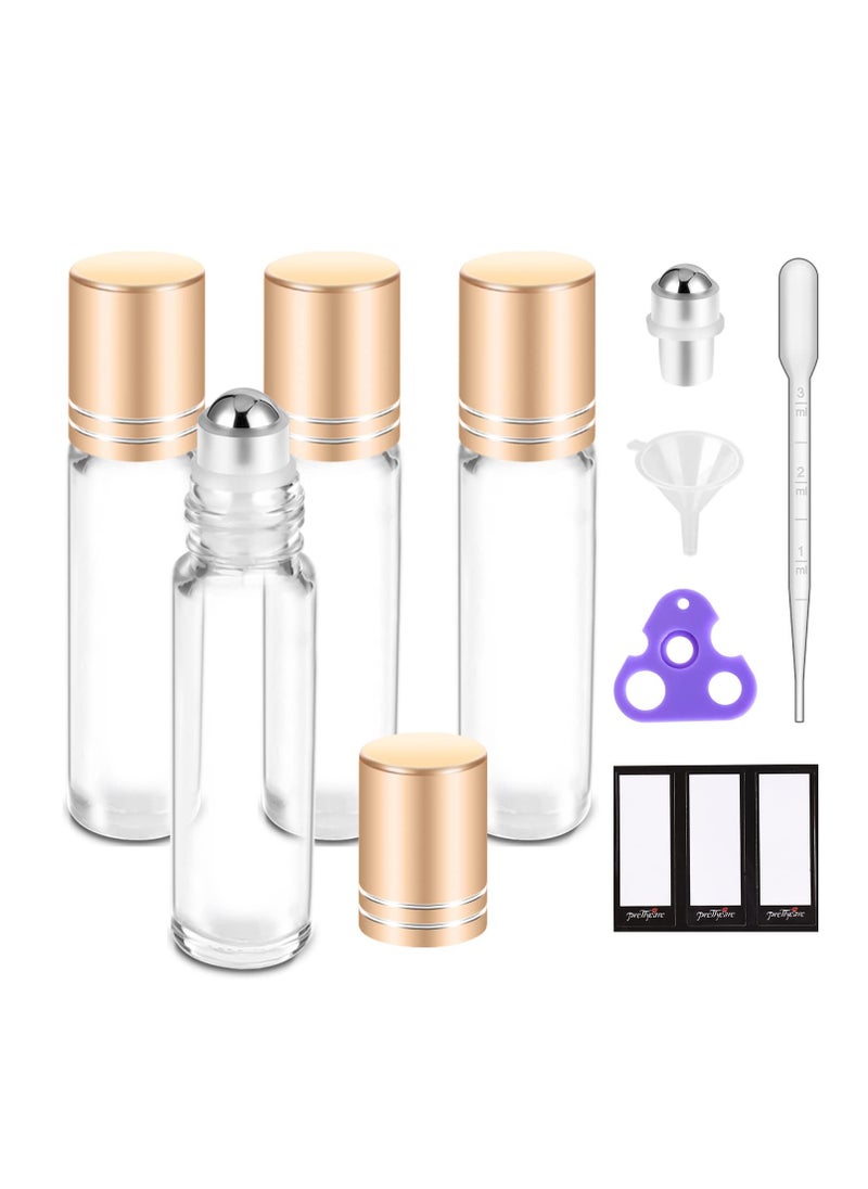 PrettyCare PrettyCare Essential oil Roller Bottles for Oils 10ml Glass Clear Perfume Bottles Empty with Extra Roller Balls, Opener, Funnel, Pipette, Labels, 4pack Roll on Bottles  - Image 1